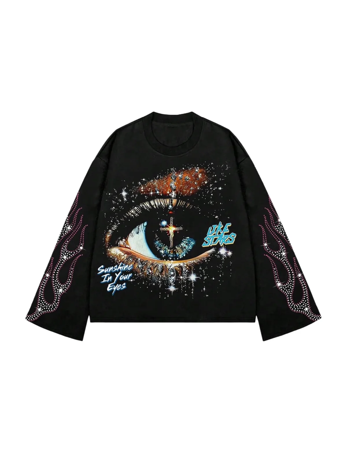 Verdusa Men's Rhinestone Graphic Tees Y2K Long Sleeve Tee Shirts Eye Print Crop Tops Hip Hop Streetw Review